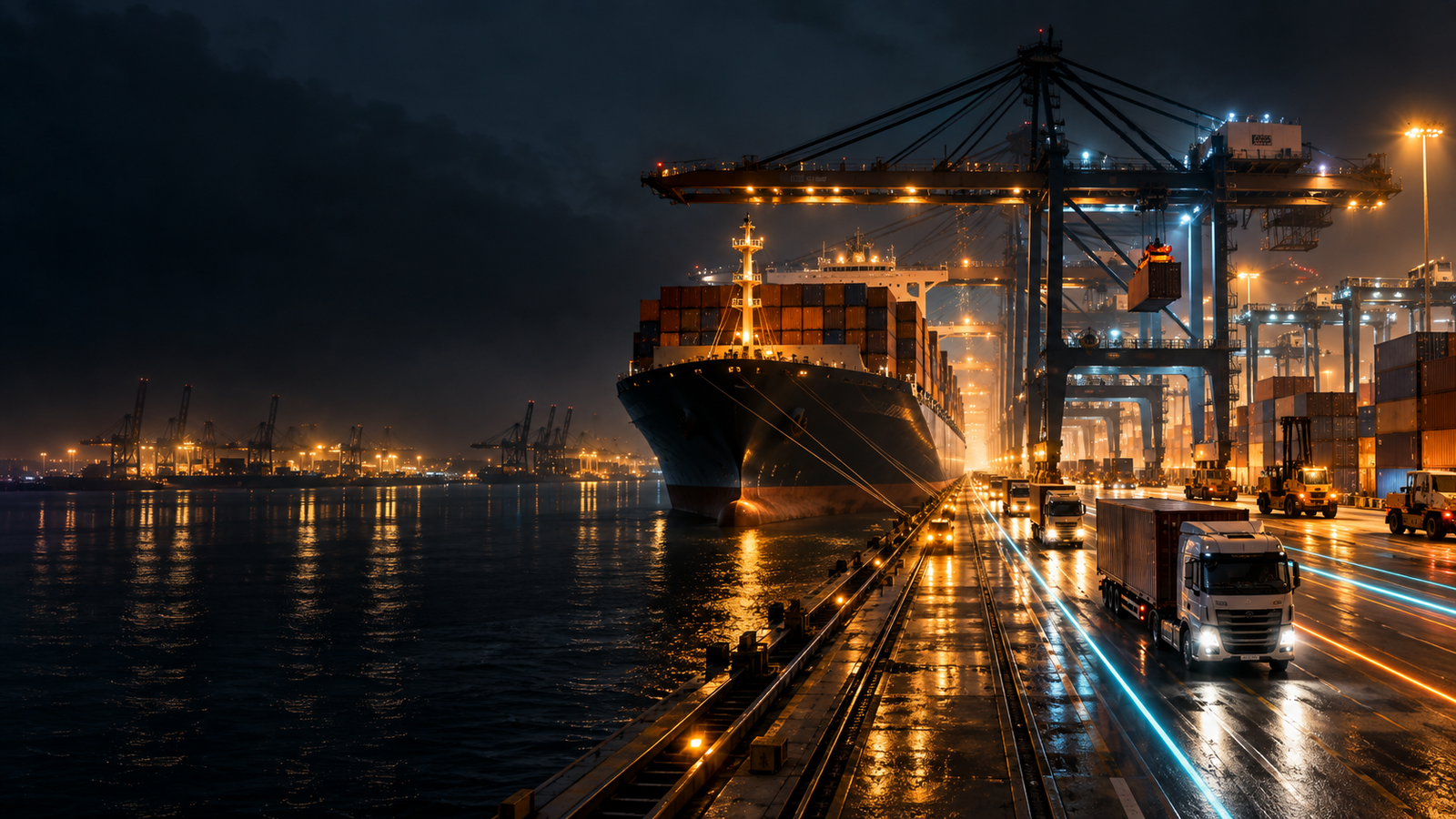 AI generated cinematic port logistics hub with cargo ship, cranes, trucks, and light trails
